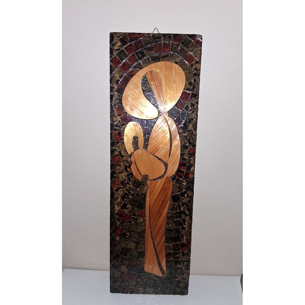 Vintage Mid Century Mosaic Wall Art Abstract Bamboo Inlay Plaque Handmade Polish